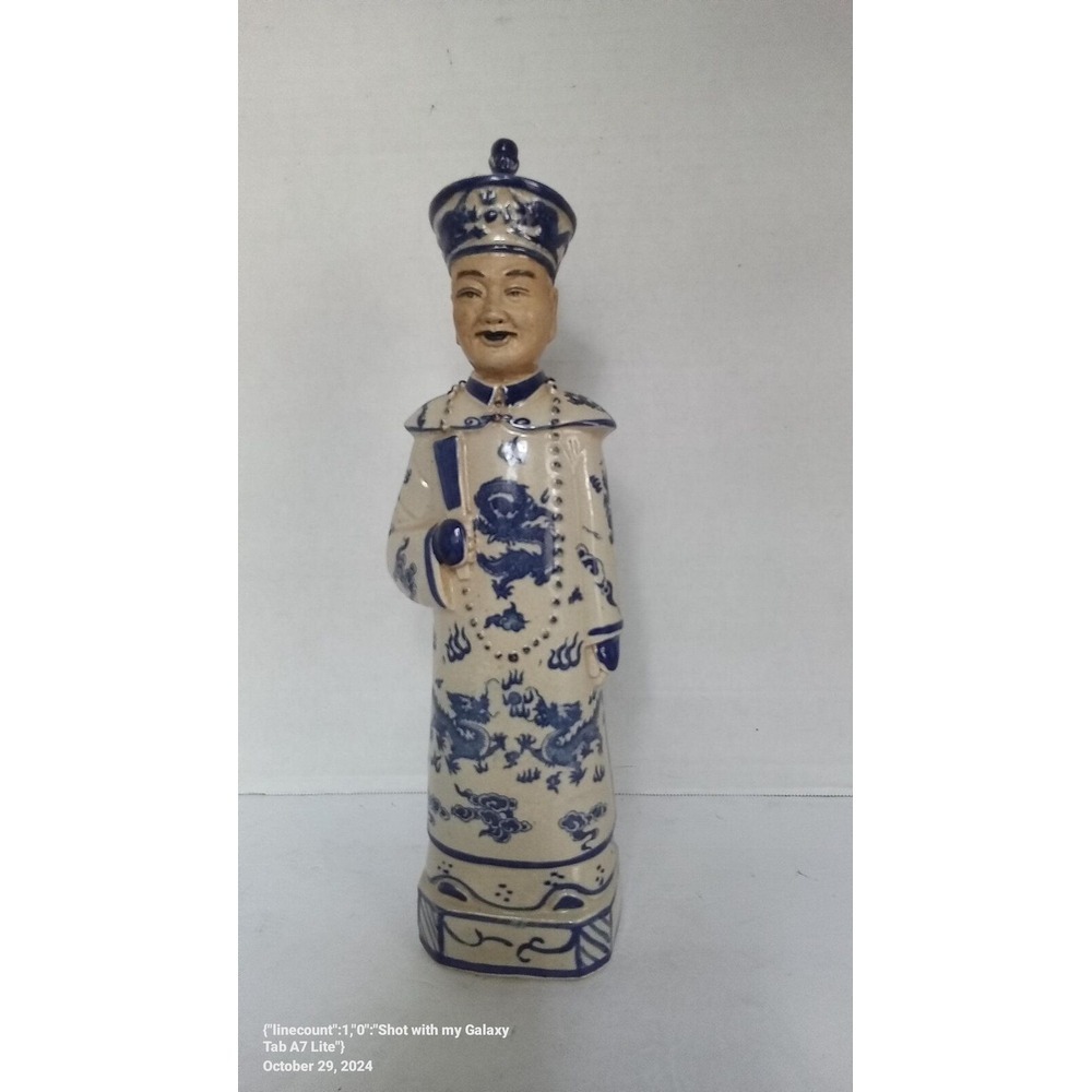 Vintage Chinese Figurine Statue Blue & White Dragon Robe Asian Decor